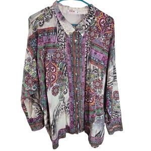 Johnny Was paisley animal mixed print long sleeve button up shirt
